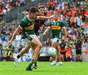 29 June 2025; Brian Ó Beaglaoich of Kerry kicks a point during the GAA Football All-Ireland Senior Championship quarter-final match between Armagh and Kerry at Croke Park in Dublin. Photo by Ray McManus/Sportsfile