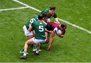 29 June 2025; John Maher of Galway in action against Meath players, left to right, Donal Keogan, Seán Coffey, and Adam O'Neill during the GAA Football All-Ireland Senior Championship quarter-final match between Meath and Galway at Croke Park in Dublin. Photo by Daire Brennan/Sportsfile