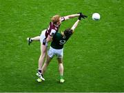29 June 2025; Peter Cooke of Galway in action against Adam O'Neill of Meath during the GAA Football All-Ireland Senior Championship quarter-final match between Meath and Galway at Croke Park in Dublin. Photo by Daire Brennan/Sportsfile
