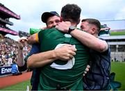 29 June 2025; Meath manager Robbie Brennan, left, and Donal Keogan celebrate after the GAA Football All-Ireland Senior Championship quarter-final match between Meath and Galway at Croke Park in Dublin. Photo by Shauna Clinton/Sportsfile