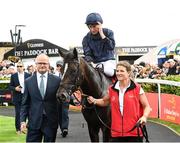29 June 2025; Ryan Moore after winning the Dubai Duty Free Irish Derby on Lambourn during day three of the Dubai Duty Free Irish Derby Festival at The Curragh Racecourse in Kildare. Photo by Matt Browne/Sportsfile