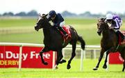 29 June 2025; Lambourn, with Ryan Moore up, on their way to winning the Dubai Duty Free Irish Derby from second place Serious Contender with Gavin Ryan during day three of the Dubai Duty Free Irish Derby Festival at The Curragh Racecourse in Kildare. Photo by Matt Browne/Sportsfile