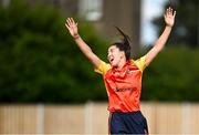 29 June 2025; Scorchers bowler Ava Canning appeals during the Evoke Super 20 Trophy match between Scorchers and Dragons at Railway Union Cricket Club in Dublin. Photo by Seb Daly/Sportsfile