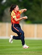 29 June 2025; Scorchers bowler Ava Canning during the Evoke Super 20 Trophy match between Scorchers and Dragons at Railway Union Cricket Club in Dublin. Photo by Seb Daly/Sportsfile