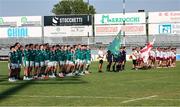 29 June 2025; Ireland and Georgia players lined up during the national anthem before World Rugby U20 Championship 2025 Pool C match between Ireland and Georgia at Stadio San Michele in Calvisano, Italy. Photo by Roberto Bregani/Sportsfile