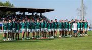 29 June 2025; Ireland players lined up during the national anthem before World Rugby U20 Championship 2025 Pool C match between Ireland and Georgia at Stadio San Michele in Calvisano, Italy. Photo by Roberto Bregani/Sportsfile