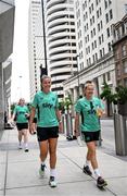 29 June 2025; Republic of Ireland's Caitlin Hayes and Ruesha Littlejohn, right, during the team's match-day team walk in Cincinnati, ahead of their international friendly match against United States at TQL Stadium in Cincinnati, USA. Photo by Stephen McCarthy/Sportsfile