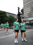 29 June 2025; Republic of Ireland's Anna Patten and goalkeeper Sophie Whitehouse, right, during the team's match-day team walk in Cincinnati, ahead of their international friendly match against United States at TQL Stadium in Cincinnati, USA. Photo by Stephen McCarthy/Sportsfile