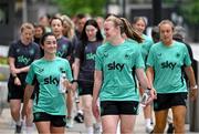 29 June 2025; Republic of Ireland's Marissa Sheva, left, and goalkeeper Courtney Brosnan during the team's match-day team walk in Cincinnati, ahead of their international friendly match against United States at TQL Stadium in Cincinnati, USA. Photo by Stephen McCarthy/Sportsfile