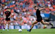 29 June 2025; Rian O'Neill of Armagh takes a free kick during the GAA Football All-Ireland Senior Championship quarter-final match between Armagh and Kerry at Croke Park in Dublin. Photo by Shauna Clinton/Sportsfile
