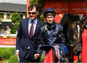 29 June 2025; Trainer Aidan O'Brien with Ryan Moore after winning the Dubai Duty Free Irish Derby on Lambourn during day three of the Dubai Duty Free Irish Derby Festival at The Curragh Racecourse in Kildare. Photo by Matt Browne/Sportsfile