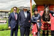 29 June 2025; Trainer Aidan O'Brien owner John Magnier and jockey Ryan Moore after winning the Dubai Duty Free Irish Derby on Lambourn during day three of the Dubai Duty Free Irish Derby Festival at The Curragh Racecourse in Kildare. Photo by Matt Browne/Sportsfile