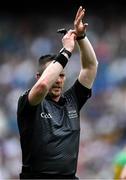 28 June 2025; Referee Paddy Neilan indicates he is stopping the clock during the GAA Football All-Ireland Senior Championship quarter-final match between Monaghan and Donegal at Croke Park in Dublin. Photo by Ray McManus/Sportsfile