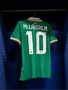 29 June 2025; The jersey of Erin McLaughlin of Republic of Ireland is seen in the dressing room before the women's international friendly match between the USA and Republic of Ireland at TQL Stadium in Cincinnati, Ohio, USA. Photo by Stephen McCarthy/Sportsfile