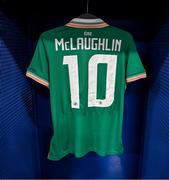 29 June 2025; The jersey of Erin McLaughlin of Republic of Ireland is seen in the dressing room before the women's international friendly match between the USA and Republic of Ireland at TQL Stadium in Cincinnati, Ohio, USA. Photo by Stephen McCarthy/Sportsfile