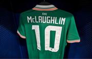 29 June 2025; The jersey of Erin McLaughlin of Republic of Ireland is seen in the dressing room before the women's international friendly match between the USA and Republic of Ireland at TQL Stadium in Cincinnati, Ohio, USA. Photo by Stephen McCarthy/Sportsfile