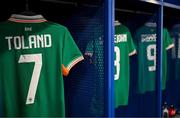 29 June 2025; The jersey of Tyler Toland of Republic of Ireland is seen in the dressing room before the women's international friendly match between the USA and Republic of Ireland at TQL Stadium in Cincinnati, Ohio, USA. Photo by Stephen McCarthy/Sportsfile