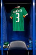 29 June 2025; The jersey of Dee Bradley of Republic of Ireland is seen in the dressing room before the women's international friendly match between the USA and Republic of Ireland at TQL Stadium in Cincinnati, Ohio, USA. Photo by Stephen McCarthy/Sportsfile