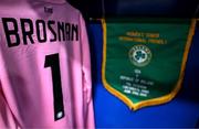 29 June 2025; A view of the pennant and jersey of Republic of Ireland captain and goalkeeper Courtney Brosnan in the dressing room before the women's international friendly match between the USA and Republic of Ireland at TQL Stadium in Cincinnati, Ohio, USA. Photo by Stephen McCarthy/Sportsfile