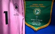 29 June 2025; A view of the pennant and jersey of Republic of Ireland captain and goalkeeper Courtney Brosnan in the dressing room before the women's international friendly match between the USA and Republic of Ireland at TQL Stadium in Cincinnati, Ohio, USA. Photo by Stephen McCarthy/Sportsfile