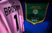 29 June 2025; A view of the pennant and jersey of Republic of Ireland captain and goalkeeper Courtney Brosnan in the dressing room before the women's international friendly match between the USA and Republic of Ireland at TQL Stadium in Cincinnati, Ohio, USA. Photo by Stephen McCarthy/Sportsfile