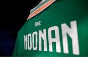 29 June 2025; The jersey of Saoirse Noonan of Republic of Ireland is seen in the dressing room before the women's international friendly match between the USA and Republic of Ireland at TQL Stadium in Cincinnati, Ohio, USA. Photo by Stephen McCarthy/Sportsfile
