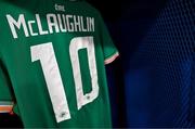29 June 2025; The jersey of Erin McLaughlin of Republic of Ireland is seen in the dressing room before the women's international friendly match between the USA and Republic of Ireland at TQL Stadium in Cincinnati, Ohio, USA. Photo by Stephen McCarthy/Sportsfile