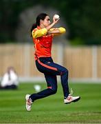 29 June 2025; Scorchers bowler Sibha Bhoja during the Evoke Super 20 Trophy match between Scorchers and Dragons at Railway Union Cricket Club in Dublin. Photo by Seb Daly/Sportsfile