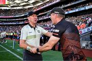29 June 2025; Kerry manager Jack O'Connor, left, shakes hands with Armagh manager Kieran McGeeney after the GAA Football All-Ireland Senior Championship quarter-final match between Armagh and Kerry at Croke Park in Dublin. Photo by Shauna Clinton/Sportsfile