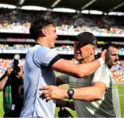 29 June 2025; David Clifford of Kerry, left, celebrates with manager Jack O'Connor after the GAA Football All-Ireland Senior Championship quarter-final match between Armagh and Kerry at Croke Park in Dublin. Photo by Shauna Clinton/Sportsfile