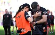 29 June 2025; Armagh manager Kieran McGeeney kisses his daughter Leah alongside his wife Maura and son Cian after the GAA Football All-Ireland Senior Championship quarter-final match between Armagh and Kerry at Croke Park in Dublin. Photo by Shauna Clinton/Sportsfile