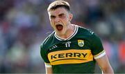 29 June 2025; Man of the Match Seán O'Shea of Kerry celebrates after the GAA Football All-Ireland Senior Championship quarter-final match between Armagh and Kerry at Croke Park in Dublin. Photo by Ray McManus/Sportsfile
