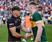29 June 2025; Armagh manager Kieran McGeeney shakes hands with Jason Foley of Kerry after tGAA Football All-Ireland Senior Championship quarter-final match between Armagh and Kerry at Croke Park in Dublin. Photo by Piaras Ó Mídheach/Sportsfile