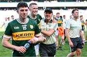 29 June 2025; Kerry manager Jack O'Connor celebrates with Jason Foley after their side's victory in the GAA Football All-Ireland Senior Championship quarter-final match between Armagh and Kerry at Croke Park in Dublin. Photo by Piaras Ó Mídheach/Sportsfile