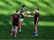 29 June 2025; David Clifford of Kerry shakes hands with Barry McCambridge of Armagh after the GAA Football All-Ireland Senior Championship quarter-final match between Armagh and Kerry at Croke Park in Dublin. Photo by Daire Brennan/Sportsfile