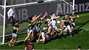 29 June 2025; Kerry goalkeeper Shane Ryan saves a shot from Rian O'Neill of Armagh during the GAA Football All-Ireland Senior Championship quarter-final match between Armagh and Kerry at Croke Park in Dublin. Photo by Daire Brennan/Sportsfile