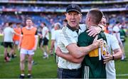 29 June 2025; Kerry manager Jack O'Connor with Evan Looney after the GAA Football All-Ireland Senior Championship quarter-final match between Armagh and Kerry at Croke Park in Dublin. Photo by Piaras Ó Mídheach/Sportsfile