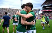 29 June 2025; Meath players, including Seamus Lavin, left, celebrate after the GAA Football All-Ireland Senior Championship quarter-final match between Meath and Galway at Croke Park in Dublin. Photo by Shauna Clinton/Sportsfile