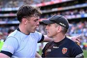 29 June 2025; Armagh manager Kieran McGeeney with David Clifford of Kerry after the GAA Football All-Ireland Senior Championship quarter-final match between Armagh and Kerry at Croke Park in Dublin. Photo by Piaras Ó Mídheach/Sportsfile
