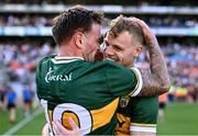 29 June 2025; Kerry players Micheál Burns, left, and Mark O'Shea celebrate after their side's victory in the GAA Football All-Ireland Senior Championship quarter-final match between Armagh and Kerry at Croke Park in Dublin. Photo by Piaras Ó Mídheach/Sportsfile