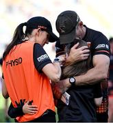 29 June 2025; Armagh manager Kieran McGeeney kisses his daughter Leah alongside his wife Maura and son Cian after the GAA Football All-Ireland Senior Championship quarter-final match between Armagh and Kerry at Croke Park in Dublin. Photo by Shauna Clinton/Sportsfile