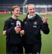 29 June 2025; Emily Murphy, left, and Republic of Ireland goalkeeper Courtney Brosnan before the women's international friendly match between the USA and Republic of Ireland at TQL Stadium in Cincinnati, Ohio, USA. Photo by Stephen McCarthy/Sportsfile