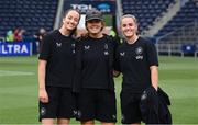 29 June 2025; Republic of Ireland players, from left, Anna Patten, Grace Moloney and Jessie Stapleton before the women's international friendly match between the USA and Republic of Ireland at TQL Stadium in Cincinnati, Ohio, USA. Photo by Stephen McCarthy/Sportsfile