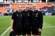 29 June 2025; Republic of Ireland players, from left, Hayley Nolan, Saoirse Noonan and Dee Bradley before the women's international friendly match between the USA and Republic of Ireland at TQL Stadium in Cincinnati, Ohio, USA. Photo by Stephen McCarthy/Sportsfile