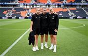 29 June 2025; Republic of Ireland players, from left, Hayley Nolan, Saoirse Noonan and Dee Bradley before the women's international friendly match between the USA and Republic of Ireland at TQL Stadium in Cincinnati, Ohio, USA. Photo by Stephen McCarthy/Sportsfile