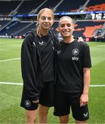 29 June 2025; Hayley Nolan, left, and Chloe Mustaki of Republic of Ireland before the women's international friendly match between the USA and Republic of Ireland at TQL Stadium in Cincinnati, Ohio, USA. Photo by Stephen McCarthy/Sportsfile