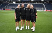 29 June 2025; Republic of Ireland players, from left, Abbie Larkin, Erin Healy, Kyra Carusa and Izzy Atkinson before the women's international friendly match between the USA and Republic of Ireland at TQL Stadium in Cincinnati, Ohio, USA. Photo by Stephen McCarthy/Sportsfile