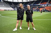 29 June 2025; Hayley Nolan, left, and Chloe Mustaki of Republic of Ireland before the women's international friendly match between the USA and Republic of Ireland at TQL Stadium in Cincinnati, Ohio, USA. Photo by Stephen McCarthy/Sportsfile