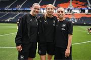 29 June 2025; Republic of Ireland players, from left, Saoirse Noonan, Hayley Nolan and Chloe Mustaki before the women's international friendly match between the USA and Republic of Ireland at TQL Stadium in Cincinnati, Ohio, USA. Photo by Stephen McCarthy/Sportsfile