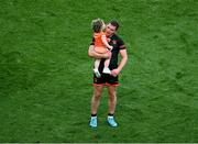 29 June 2025; Paddy Burns of Armagh with his daughter Clodagh after the GAA Football All-Ireland Senior Championship quarter-final match between Armagh and Kerry at Croke Park in Dublin. Photo by Daire Brennan/Sportsfile